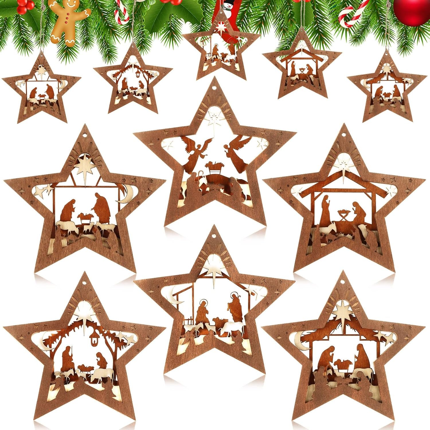 6 Pcs Christmas Nativity Ornaments Christian Music Sheet Nativity Scene Ornaments Wooden Christmas Hanging Ornament Bulk for Xmas Tree Birth of Jesus Religious Gift for Family(Star)