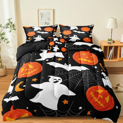 Halloween Comforter Set Queen Size Orange Pumpkin Comforter Set 4 Pieces Halloween Bedding Set Pumpkin Lantern and Ghost Printed Design Halloween Decorations Bedding Sets