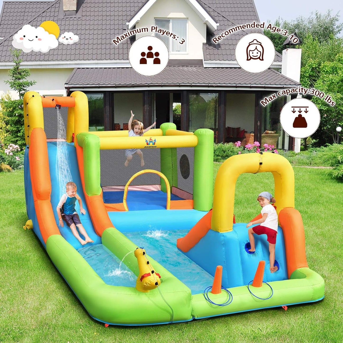 Inflatable Water Slide, 8 in 1 Mega Waterslide Park Bounce House for Outdoor Fun W/735W Blower, Long Slide, Splash Pool, Water Slides Inflatables for Kids and Adults Backyard Party Gifts