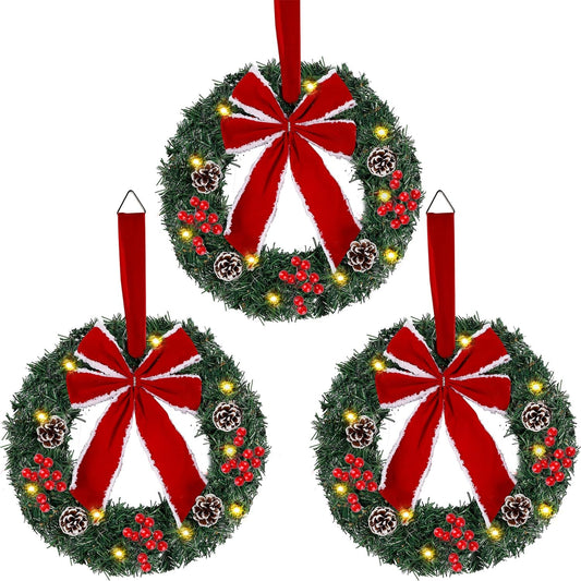 Set of 3 Christmas Wreaths, Lighted Artificial Christmas Wreath with LED Lights & Large Red Bow Ornaments, 8 Modes & Timer, Battery Operated for Front Door Gate Wall Xmas Party Decorations