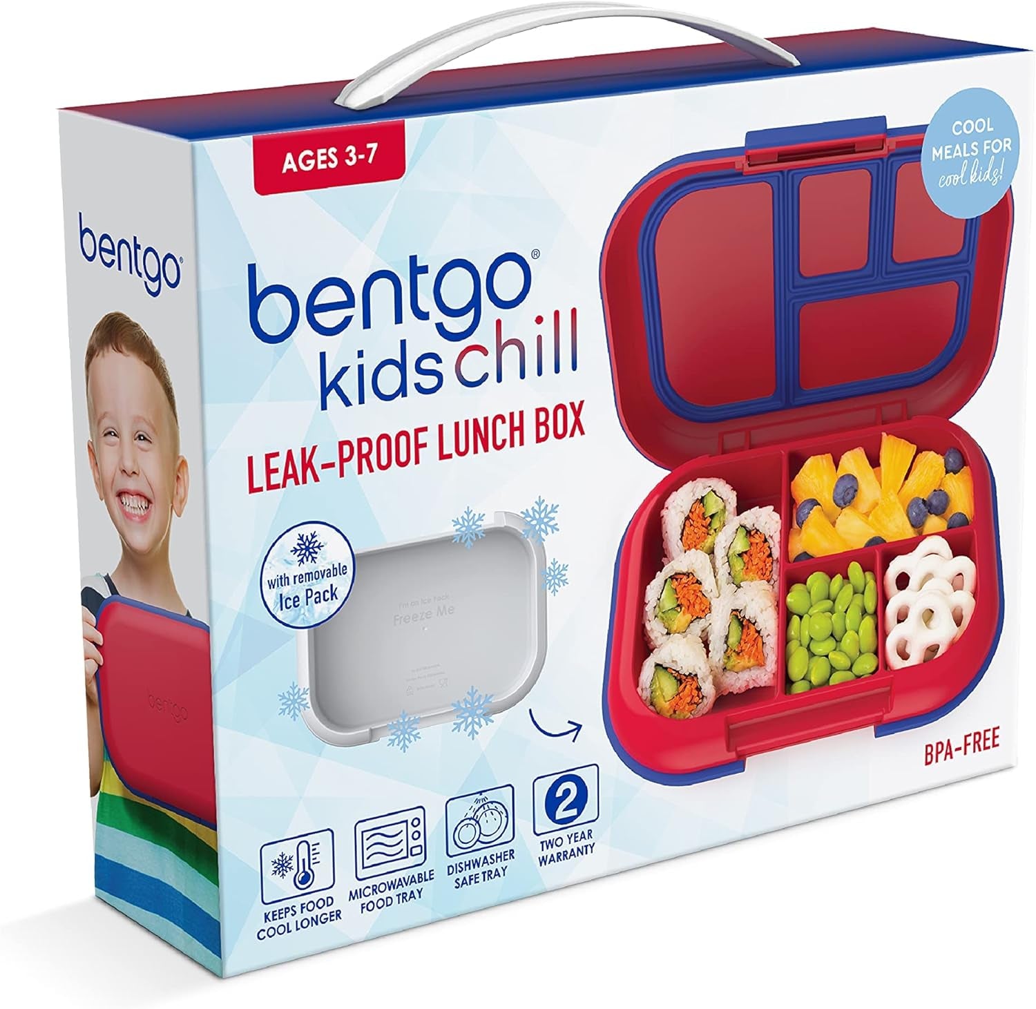 ® Kids Chill Leak-Proof Lunch Box - Included Reusable Ice Pack Keeps Food Cold; 4-Compartment Bento Lunch Container; Microwave & Dishwasher Safe; 2 Year Manufacturer Warranty (Red/Royal)