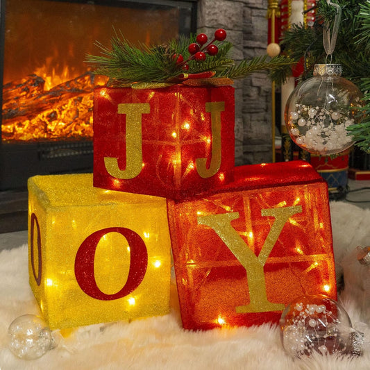 Set of 3 Christmas Lighted Gift Boxes, Pre-Lit 60 LED Light up Joy Present Boxes Ornament Decorations for Indoor Outdoor Xmas Tree Home Yard Lawn Decor