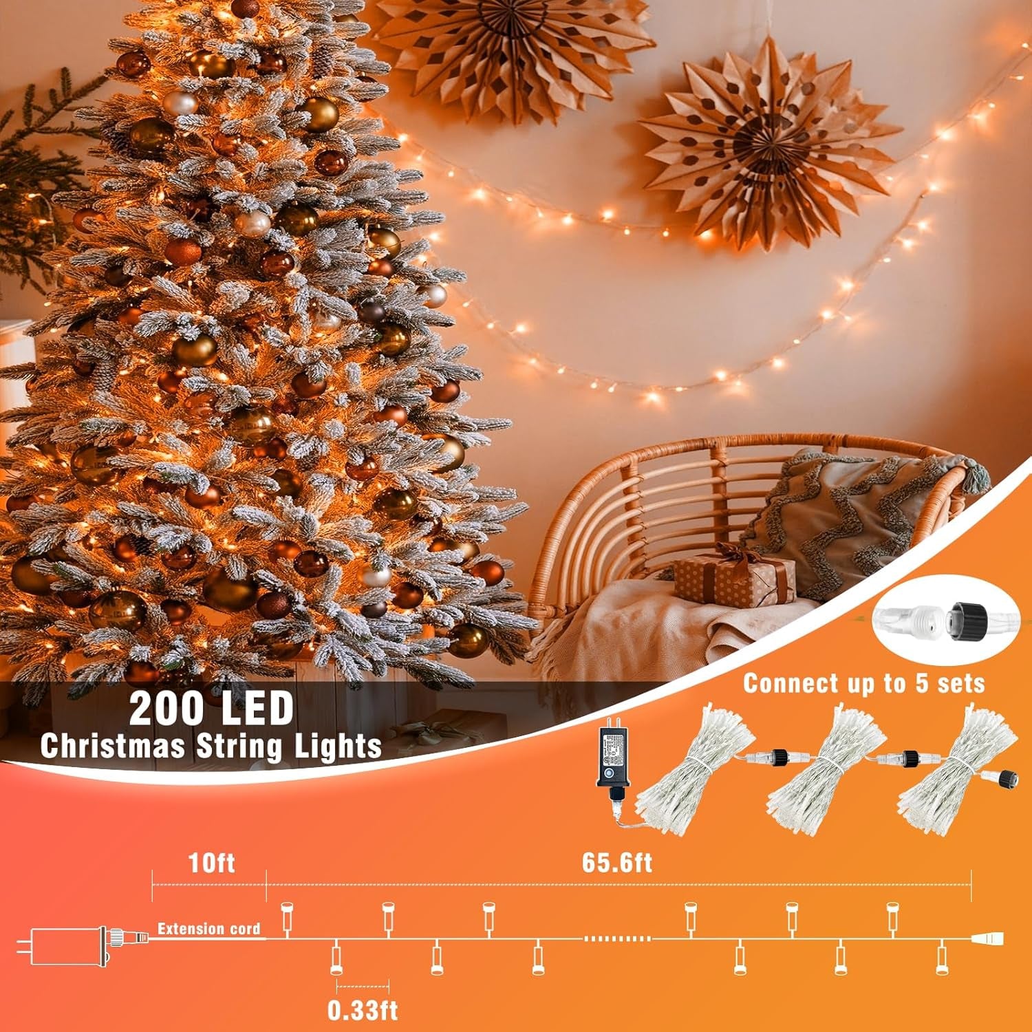 300 LED Halloween Lights Outdoor, 99Ft Orange String Lights Indoor 8 Modes Clear Wire, Plug in Waterproof Orange Christmas Lights for Christmas Halloween Tree Thanksgiving Decorations