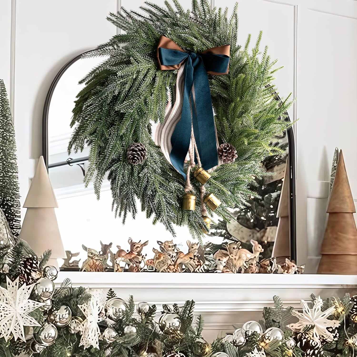 Christmas Decorations - 18 Inch Norfolk Pine Wreath with Bells and Ribbon - Artificial Pine Greenery Wreath for Home Table Wall Window Indoor Outdoor outside Decoration