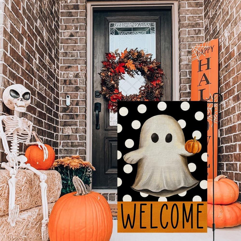 Halloween Ghost Garden Flag 12X18 Inch Double Sided Small Burlap for outside Polka Dots Welcome Holiday Yard Decoration CF1066-12