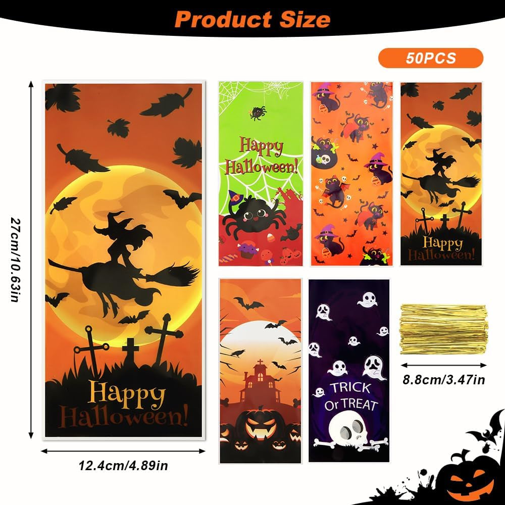 Halloween Treat Bags, Halloween Cellophane Treat Bags, 50 PCS Halloween Candy Bags, Halloween Cello Cookie Goodies Gift Bags with 50Pcs Ties for Halloween Trick or Treat Party Favors Supplies, 5 Style