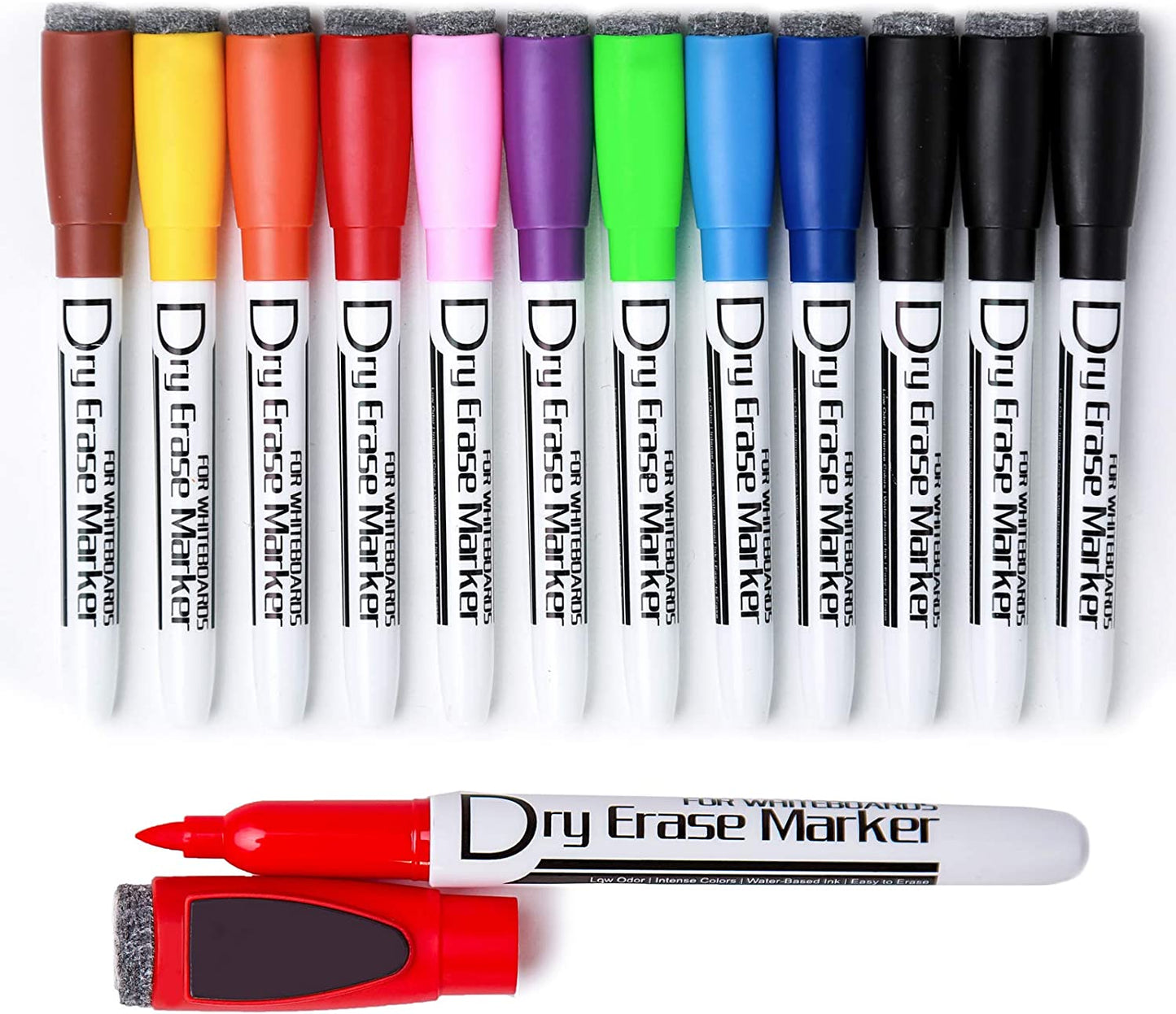 Magnetic Dry Wipe Pens Dry Erase Markers with Eraser Cap Low Odor Fine Tip Whiteboard Pens Pack of 12,10 Colors