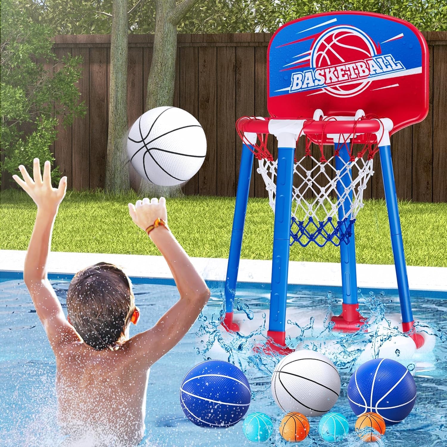 Pool Basketball Hoop Poolside with Backboard, Floating Pool Toys with 4 Basketballs/4 Water Balloons/Pump, Swimming Pool Games for Kids & Adults Indoor Outdoor Play, Red
