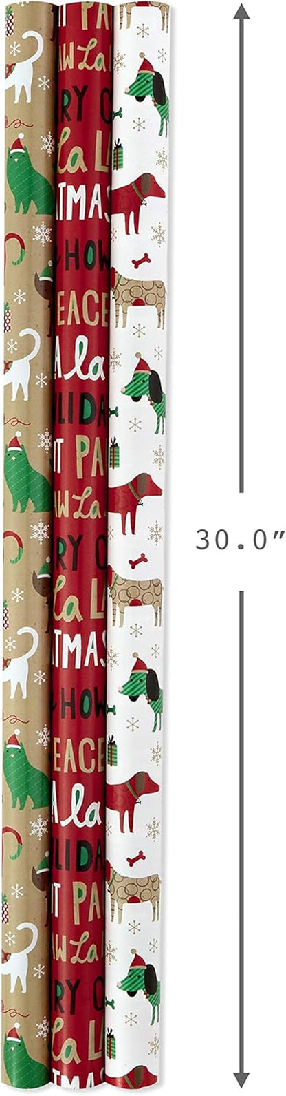 Christmas Reversible Wrapping Paper Bundle, Pets and Patterns (Pack of 3, 120 Sq. Ft. Ttl) Cats, Dogs, Stripes, Polka Dots, Paw La La La (5JXW1035)