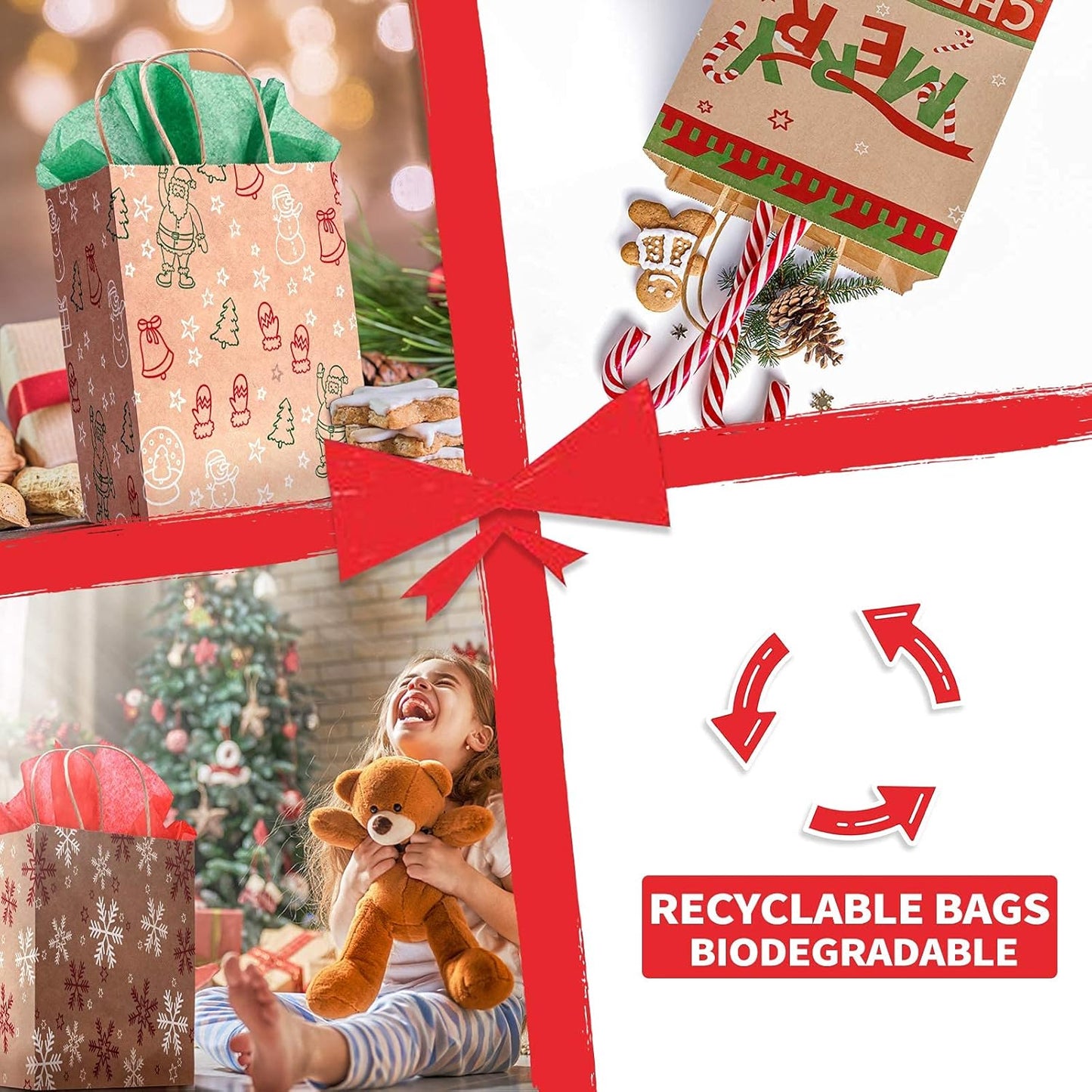 Christmas Gift Bags 30 PCS, 7.5"X9"X3.5" Durable Christmas Bags with Tissue Paper, 6 Styles Gift Bags Bulk with Handles, Reusable Small Gift Bags Xmas Paper Bags, Party Favors Holiday Gift Bags, Brown