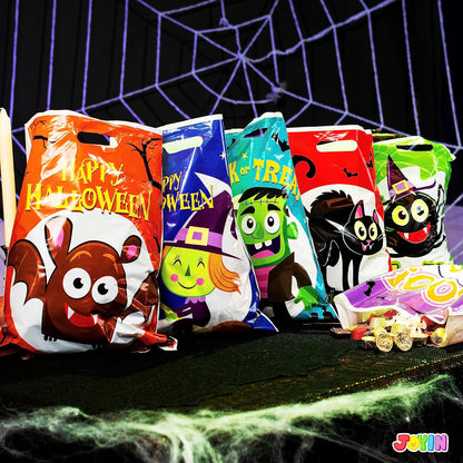 Halloween Candy Bag for Trick or Treat, Halloween Treat Bags with 6 Designed Characters, Halloween Plastic Goodie Gift Bags for Party Favors Party Supplies