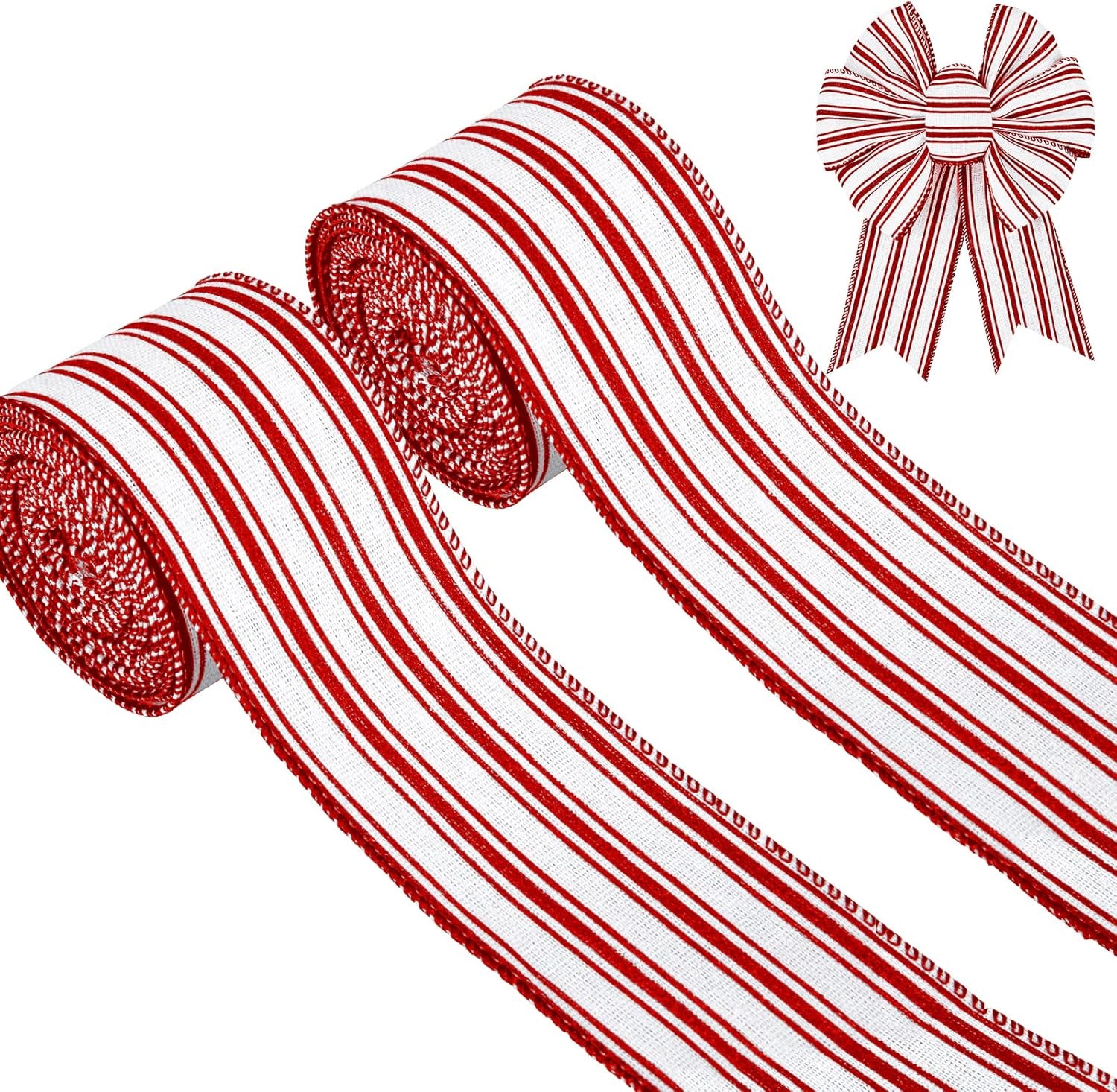 2 Rolls Christmas Wired Edge Ribbon Christmas White Red Striped Fabric Ribbon Farmhouse Craft Ribbon for DIY Gift Wrapping Wreath Floral Arrangement Bow Decoration,2.5 Inch X 12 Yard