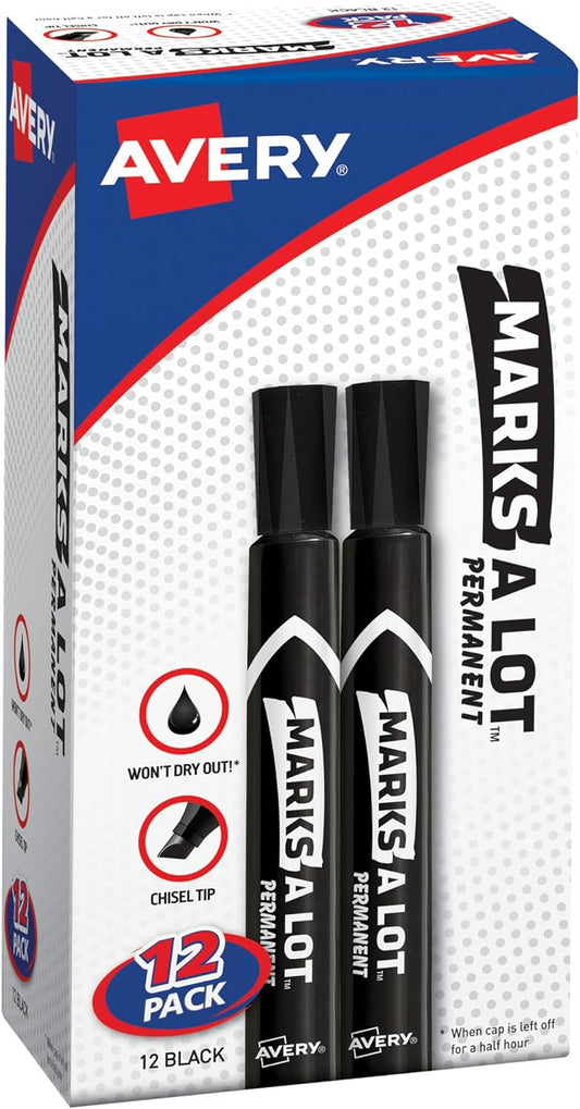 Marks-A-Lot Permanent Markers, Large Desk-Style Size, Chisel Tip, Water and Wear Resistant, 12 Black Markers, 1 Pack (98028)