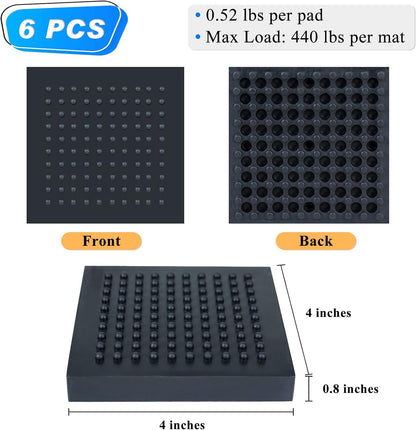 Exercise Equipment Mat - 4 X 4 X 0.8 Inches 6 Pcs Non Slip Noise Reduction anti Vibration Treadmill Stationary Bike Mats, Heavy Duty Thick Steel Embedded Rubber Pad for Hardwood Floors & Carpet