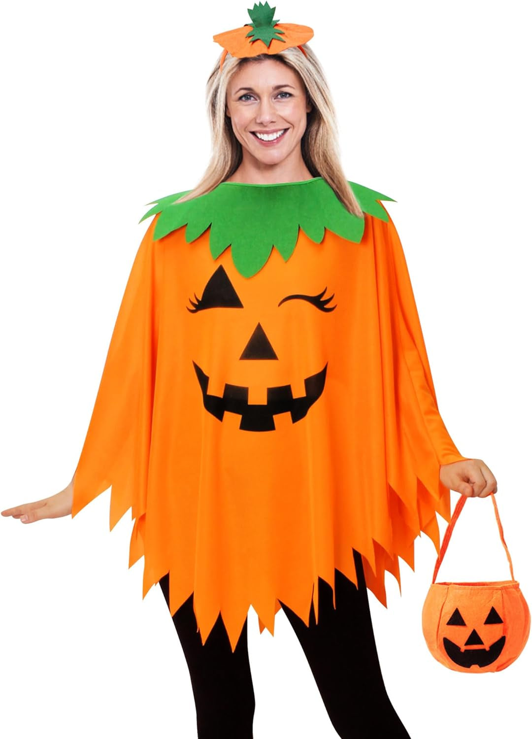 Halloween Pumpkin Costume for Women,Pumpkin Poncho for Adults with Headband & Bag,Halloween Costume for Women