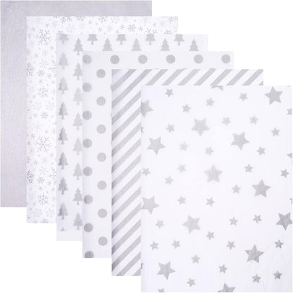 102 Sheets Silver Tissue Paper Gift Wrap Bulk, 19.5" X 13.6" Christmas Tissue Paper for Wrapping, 6 Assorted Designs Golden Stars Snow Dots for Christmas Gift Bags, DIY and Craft