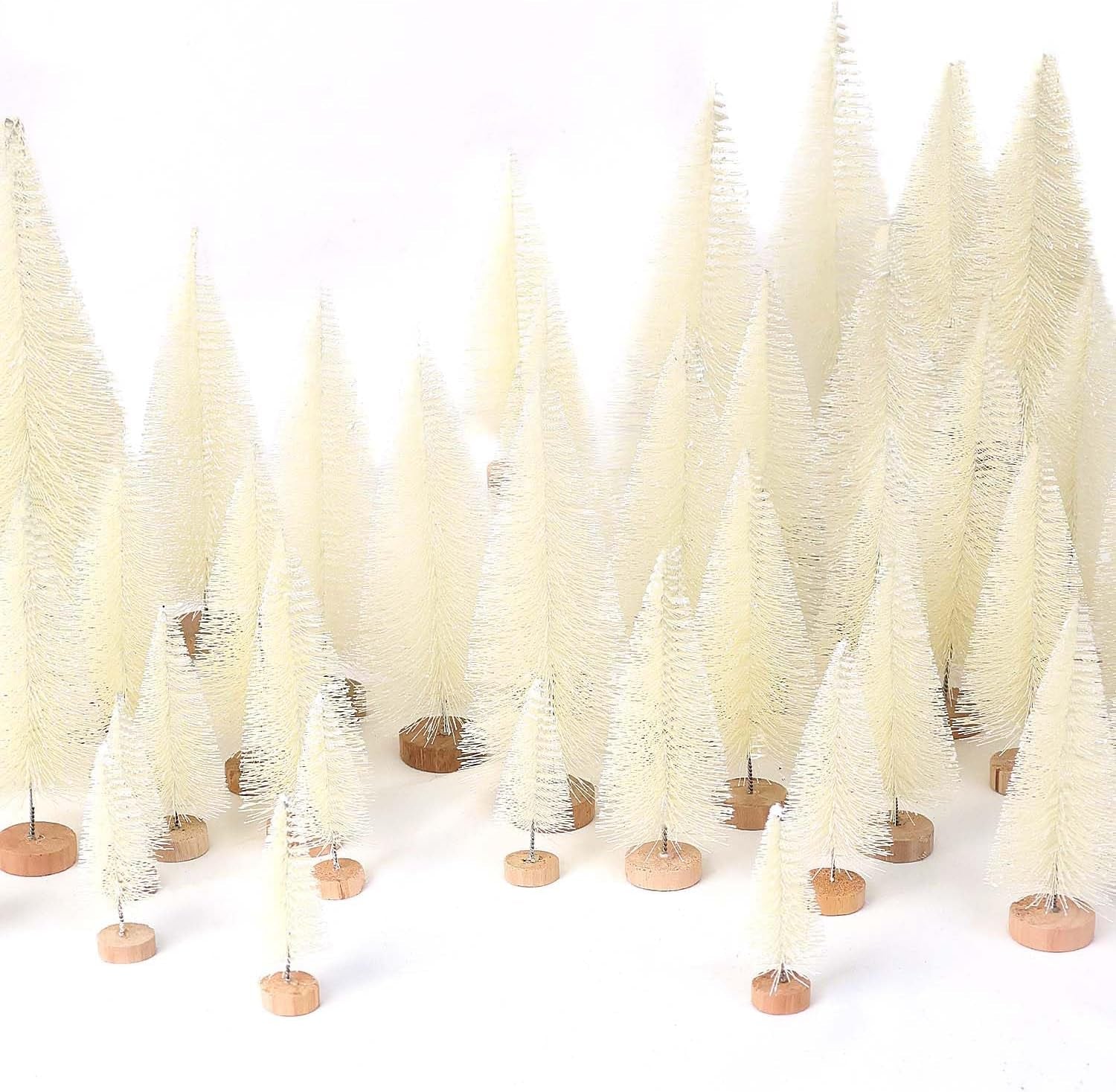 30Pcs Mini Christmas Trees Artificial Christmas Tree Bottle Brush Trees with Wooden Base for Christmas Decor Christmas Party Home Table Craft Decorations(Beige)