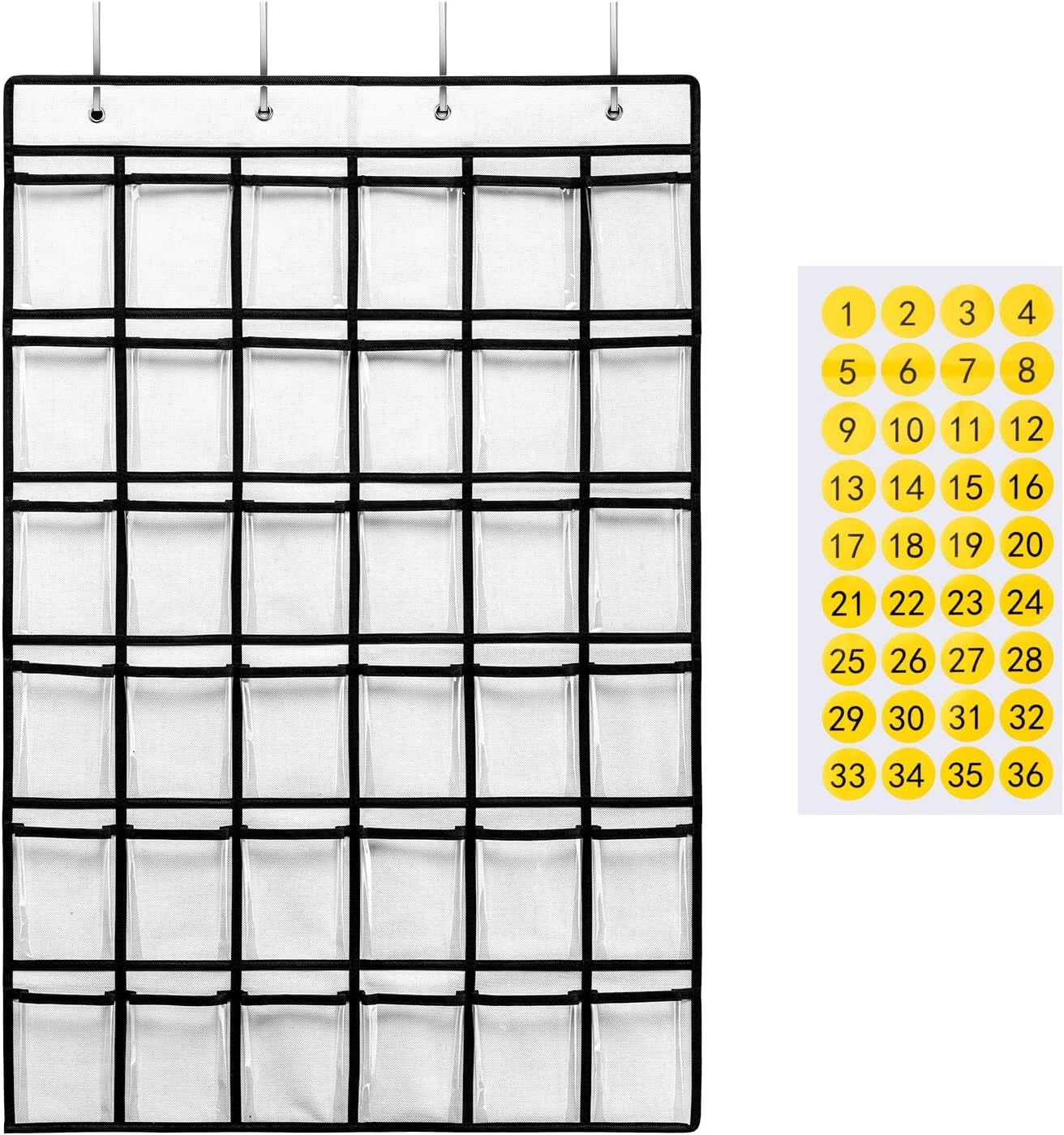 36 Clear Pockets Classroom Pocket Chart for Cell Phones, Pocket Chart for Calculator Phone Holder with 36 Number Stickers and Hooks (White)