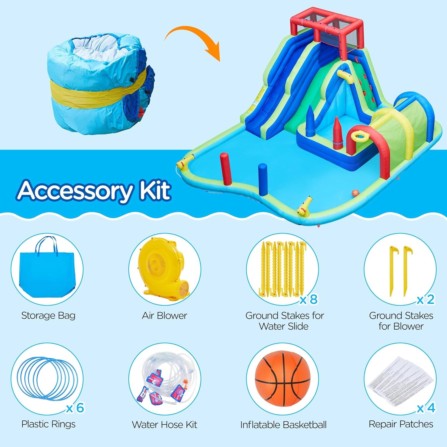 Inflatable Water Slide, Double Lane Water Slide Combo W/Long Tunnel & Climbing Wall & Punching Bags & Ring Toss Game, Kids Inflatable Water Park W/Storage Bag & 650W Blower