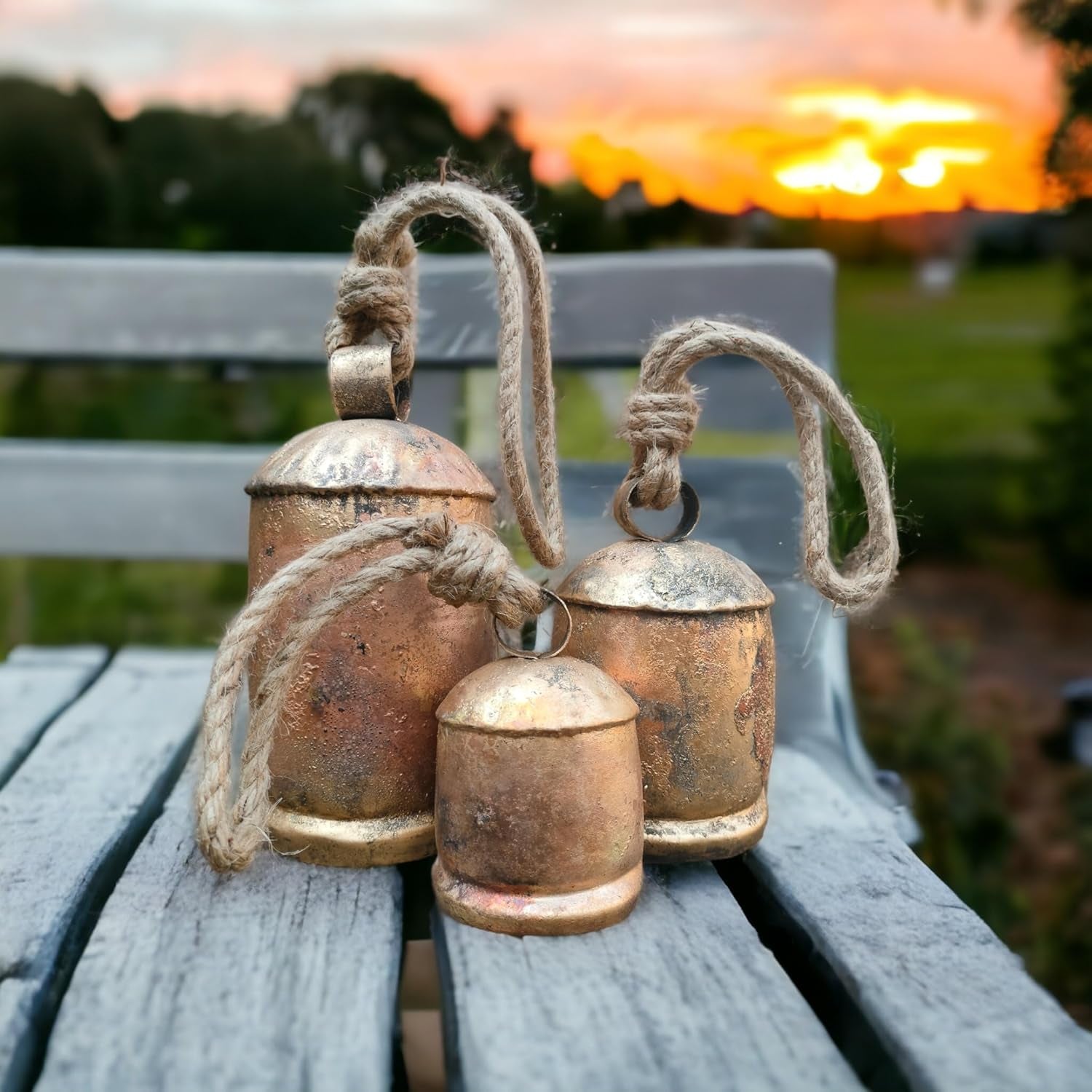 Set of 3 Metal Christmas Bells for Decoration Rustic Brass Gold Large Bell Cow Hanging