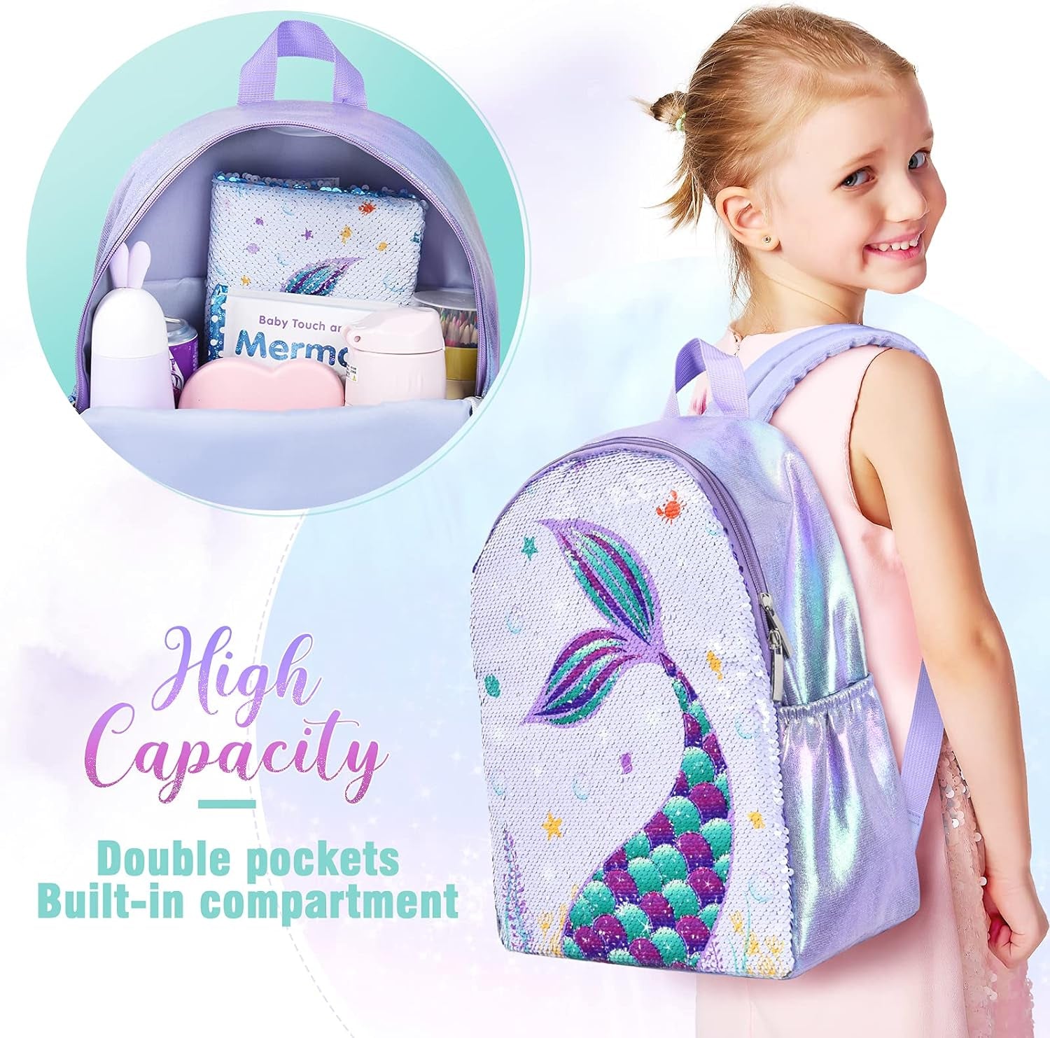 Sparkly Girls Mermaid Backpack - Sequins School Backpack for Kids Girls Preschool Kindergarten Elementary 15” Lightweight Travel Casual Book Bag Schoolbag
