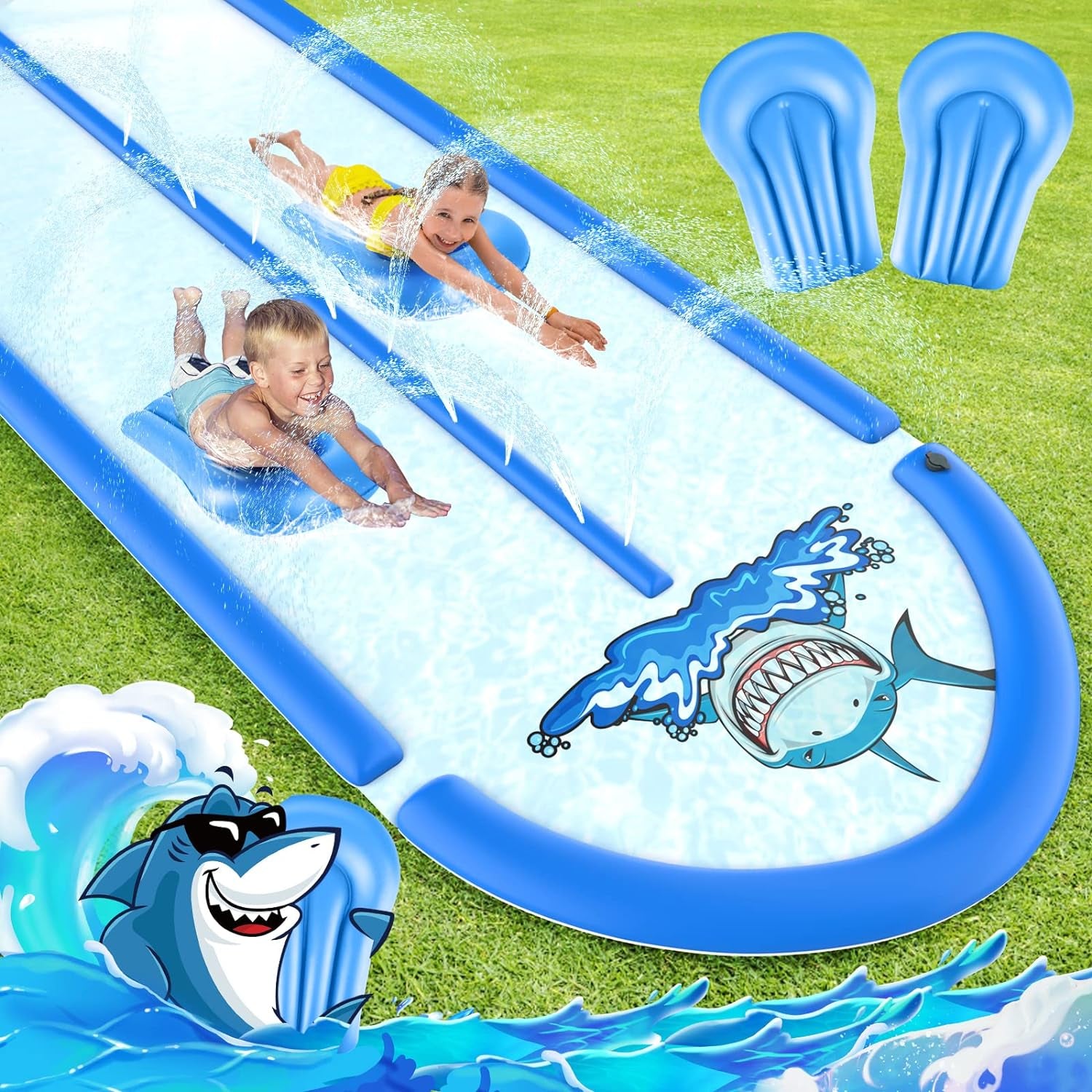 Slip and Slide Lawn Water Slide with 2 Bodyboards, 20FT Slip N Slide Heavy Duty Double Lane for Kids Backyard Games with Sprinkler, Summer Outdoor Water Toys outside Play for Kids and Adults