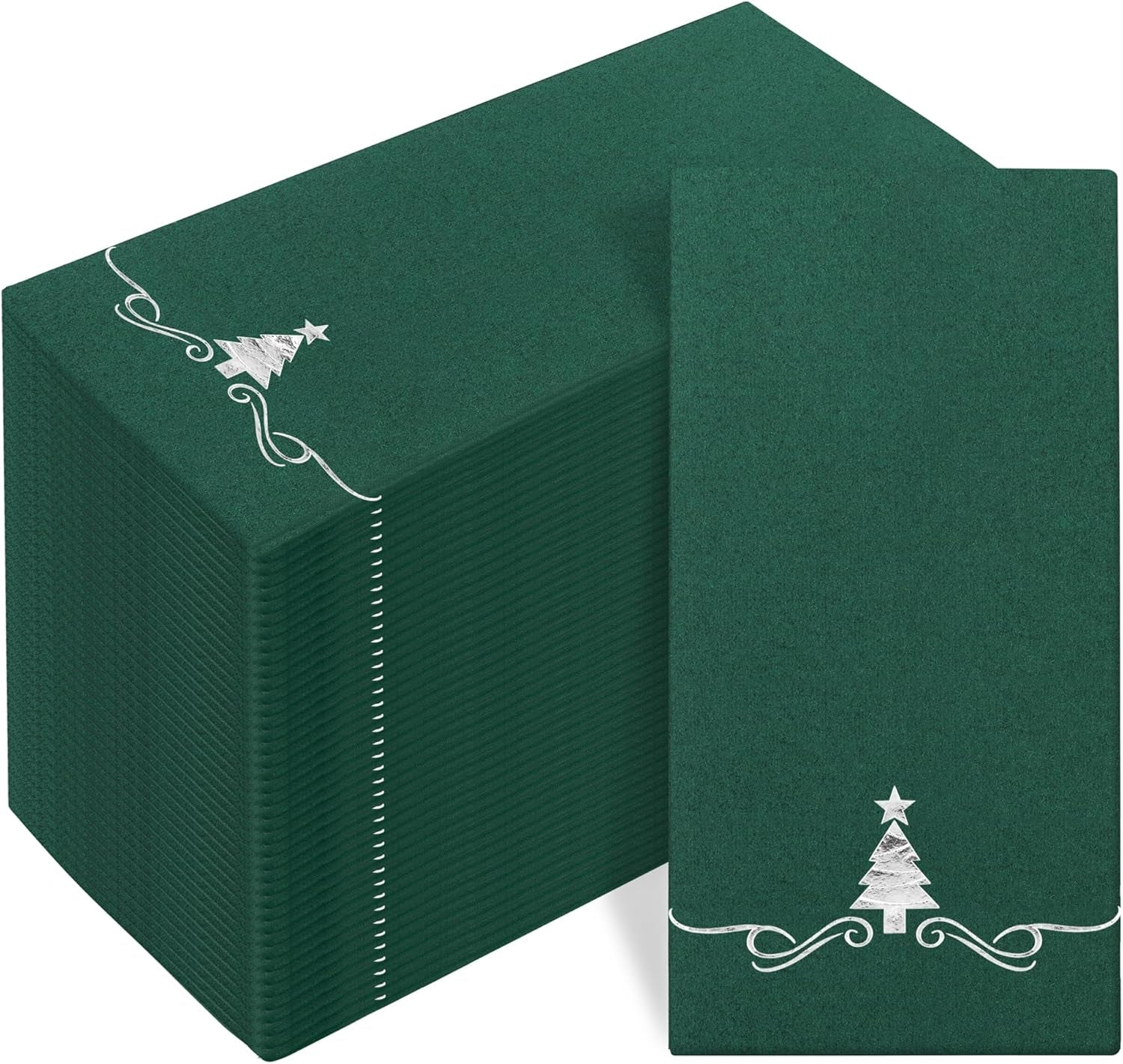 100 Pack Christmas Disposable Guest Napkins 12 X 17 Inch Silver Foil Christmas Trees Napkins Xmas Tree Hand Towels for Bathroom Kitchen Weddings Christmas Holiday Party, Green