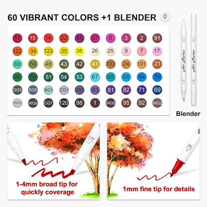 61 Colors Alcohol Art Markers, 60 Colors plus 1 Blender Dual Tip Permanent Marker Pens Highlighters Perfect for Kids Adults Artist Drawing Sketching Card Making & Coloring Books