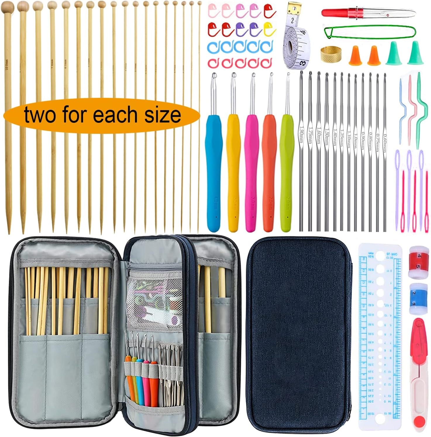 95Pcs Knitting Needles Kit&Crochet Hooks Set 36 Straight Bamboo Knitting Needle 12 Small Size Lace Crochet Hook 5 Ergonomic Crochet Needles Knitting Set with Knitting Supplies&Accessories