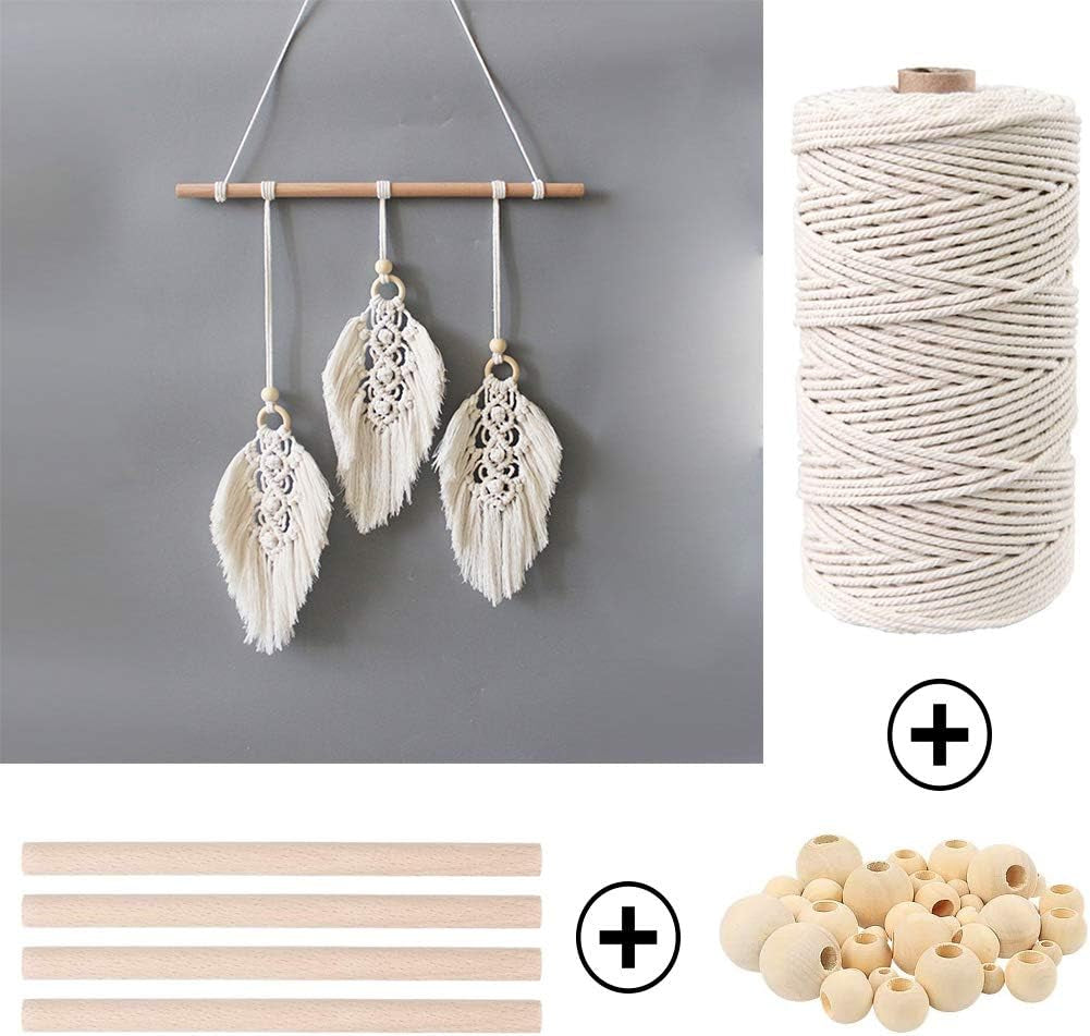 152Pcs Macrame Kits for Beginners 3Mm X 220Yards Natural Cotton Macrame Cord with Wooden Beads,Wooden Rings,Wooden Sticks,Metal Rings Macrame Supplies Best for Macrame Plant Hanger