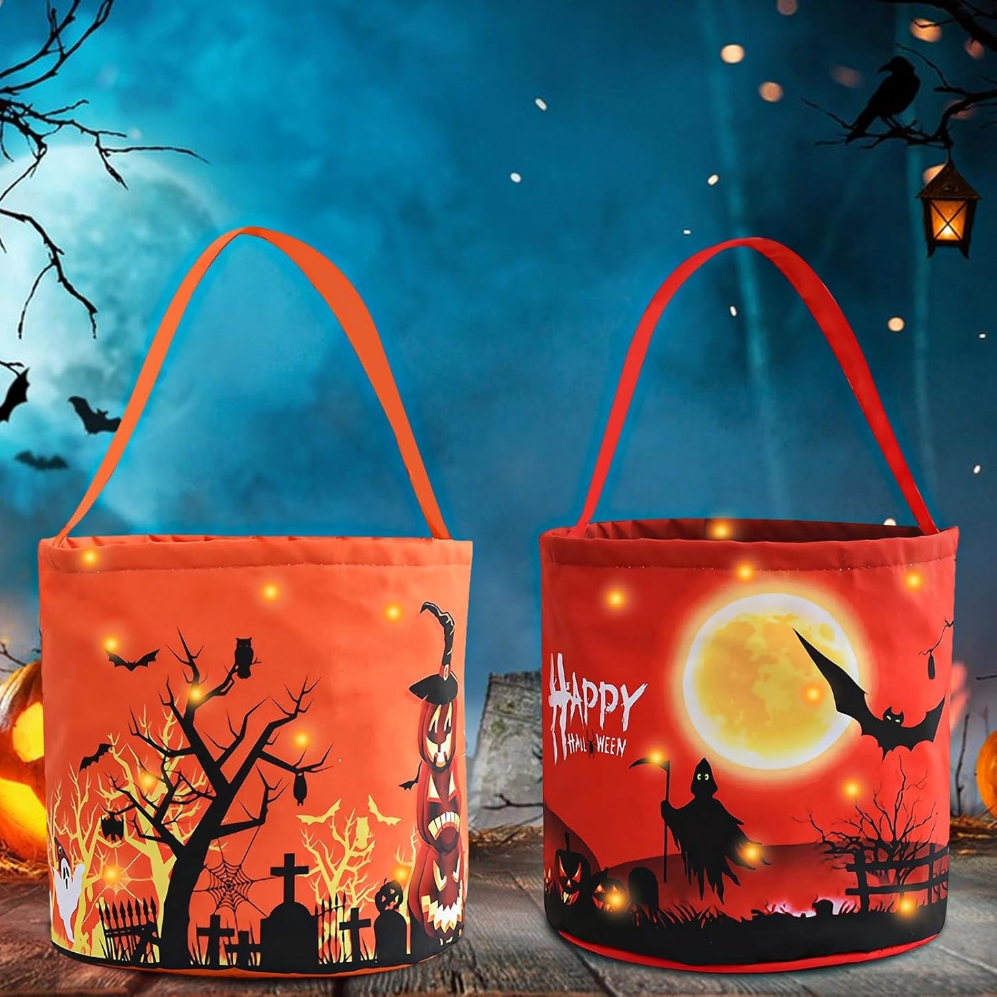 Halloween Trick or Treat Candy Bags LED Light up Pumpkin Bucket, Collapsible Reusable Candy Basket, Fabric Tote Gift Goody Bags for Kids Halloween Party (Orange+Red-Led)