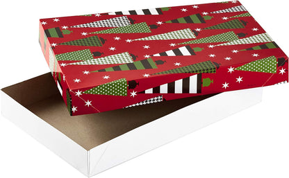 Medium Christmas Gift Boxes with Lids (12 Shirt Boxes, 4 Designs: Trees, Stripes, Snowmen, Holly) for Christmas, Holiday Parties, Hostess Gifts