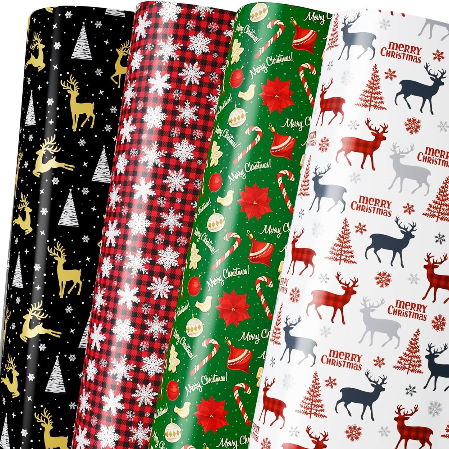 Christmas Wrapping Paper for Women Men Boys Girls,12Pcs Xmas Gift Wrapping Paper with Reindeer, Christmas Tree, Snowflakes, "Merry Christmas" Words, Candy Canes, Bells, Holiday Gift Wrap 20×29 Inch