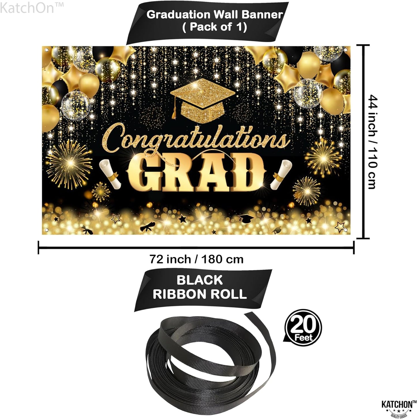 , Congratulations Grad Banner - Large, 72X44 Inch | Glitter Black and Gold Graduation Backdrop, Graduation Decorations Class of 2024 | Congratulations Banner, 2024 Graduation Party Decorations