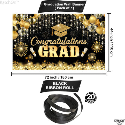 , Congratulations Grad Banner - Large, 72X44 Inch | Glitter Black and Gold Graduation Backdrop, Graduation Decorations Class of 2024 | Congratulations Banner, 2024 Graduation Party Decorations