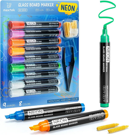 Neon Dry Erase Markers for Glass, Window Markers for Dry Erase Board, Chalkboard, LED Note Board, Acrylic Refrigerator Calendar, Chisel Tip, Low Odor, Assorted Colors, 9 Count