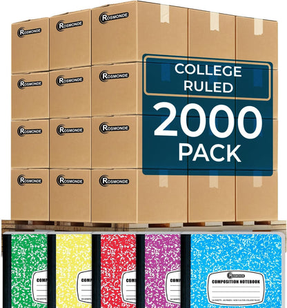 College Ruled Composition Notebooks 5 Pack, 200 Pages (100 Sheets), 9-3/4" X 7-1/2", White & Black Marble Composition Book, Hard Cover, Sturdy Sewn Binding, School, College & Office Supplies