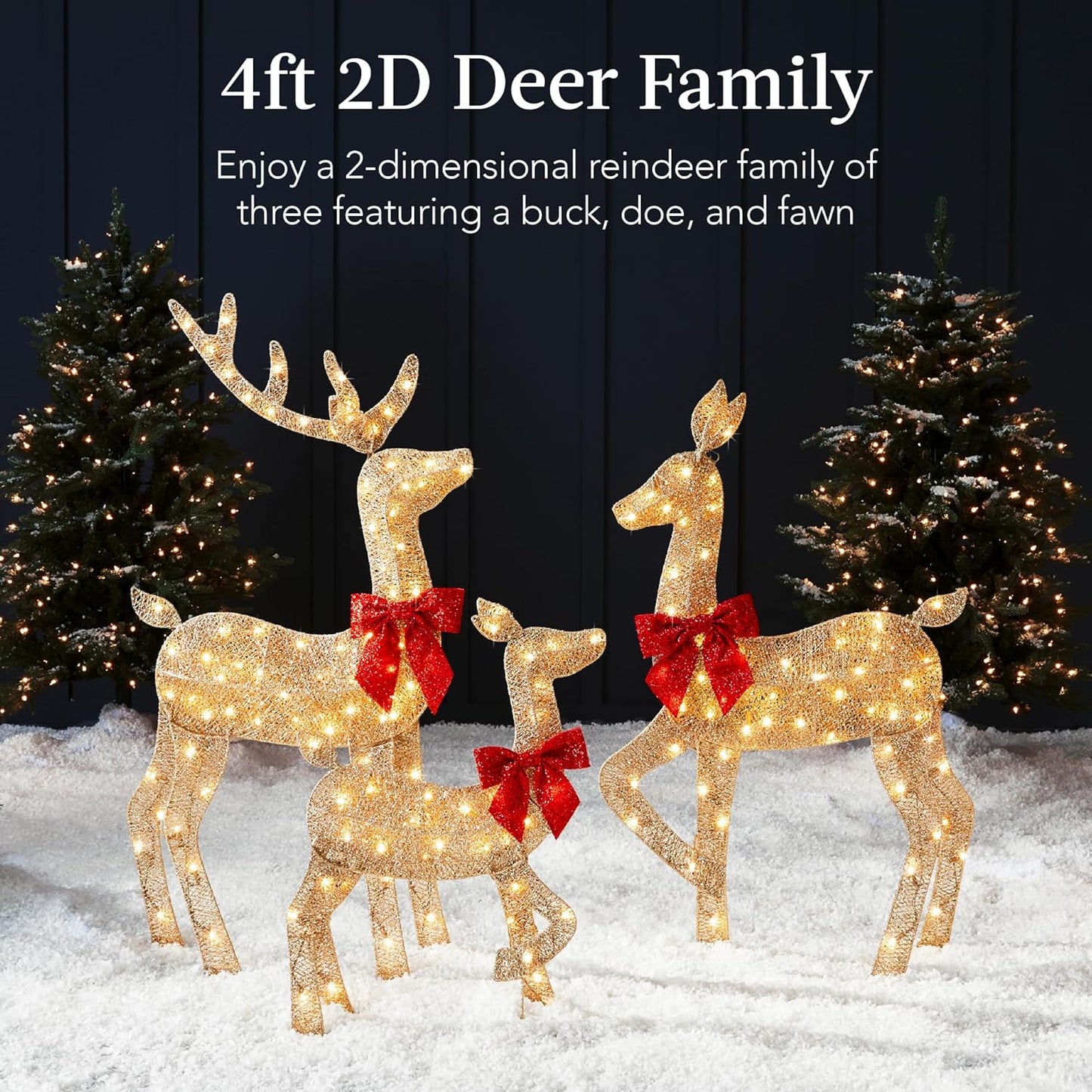 4Ft 3-Piece 2D Lighted Christmas Deer Family Set, Large Outdoor Yard Reindeer Holiday Decoration with 175 LED Lights, Stakes, Zip Ties - White