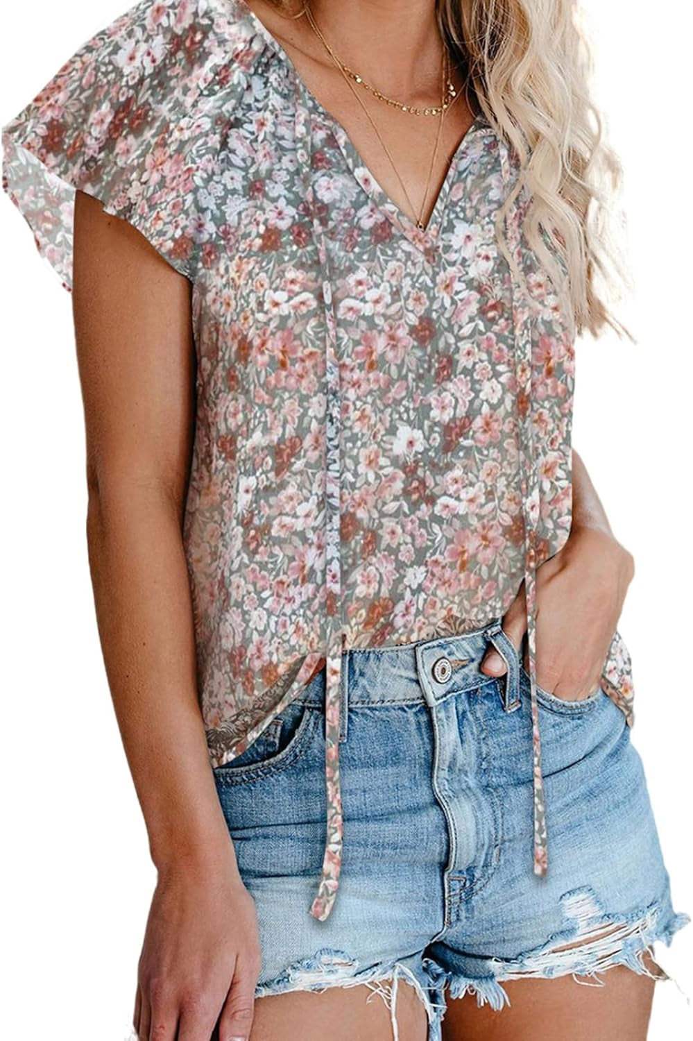 Women'S Casual Boho Floral Printed V Neck Tops Drawstring Short Long Sleeve T Shirt Blouses