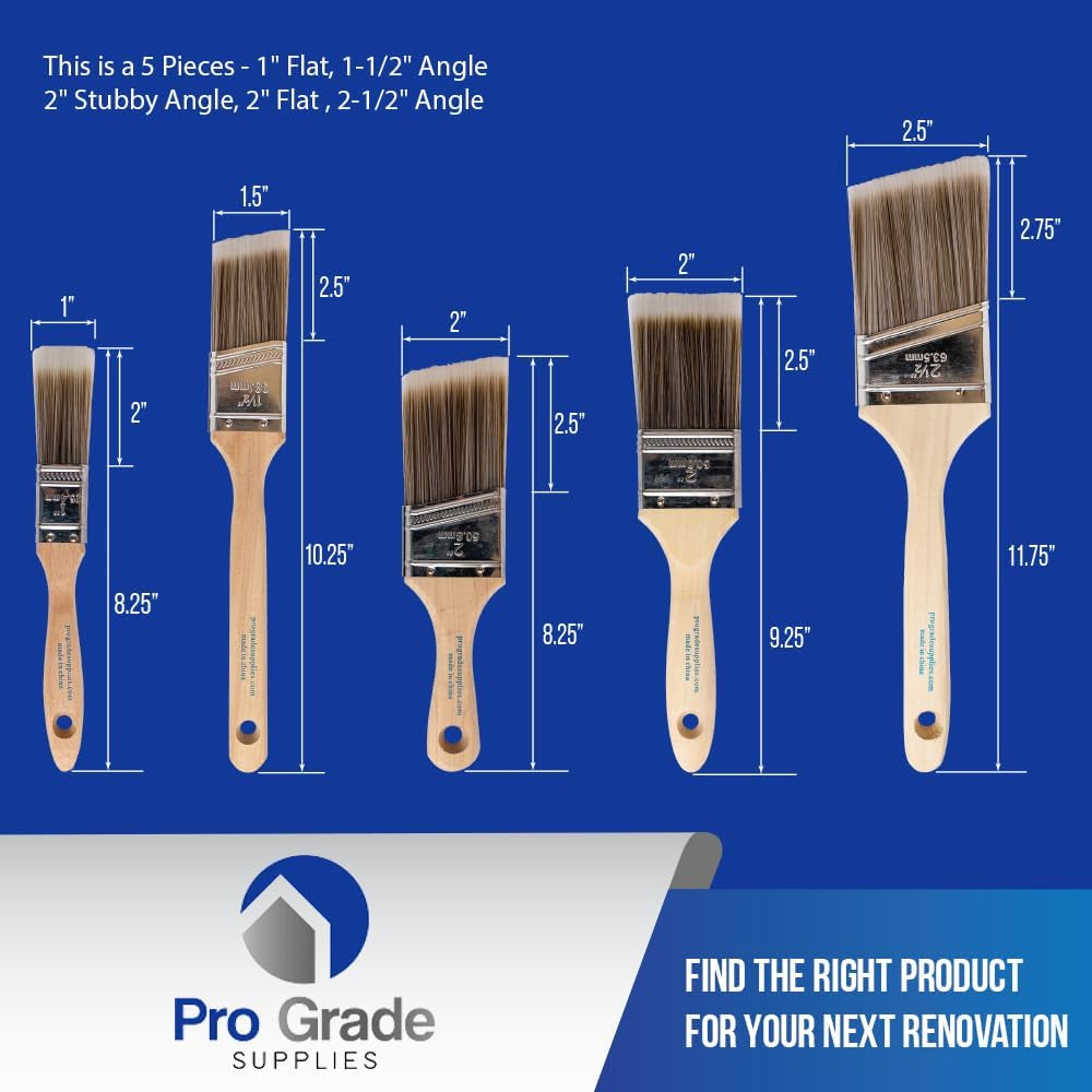 Paint Brush Set - 5-Piece Flat and Angle Brushes for All Latex and Oil Paints & Stains - Home Improvement - Interior & Exterior Use