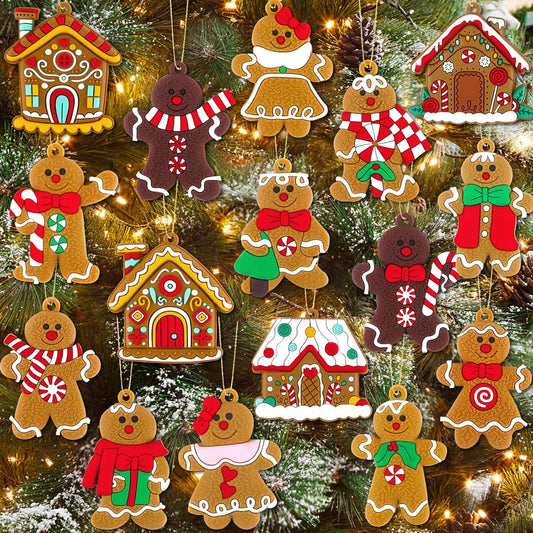 16Pcs Gingerbread Man Ornaments for Christmas Tree Gingerbread Christmas Decorations with Plastic Gingerbread Ornaments Gingerbread House Ornaments for Christmas Tree Hanging Decoration