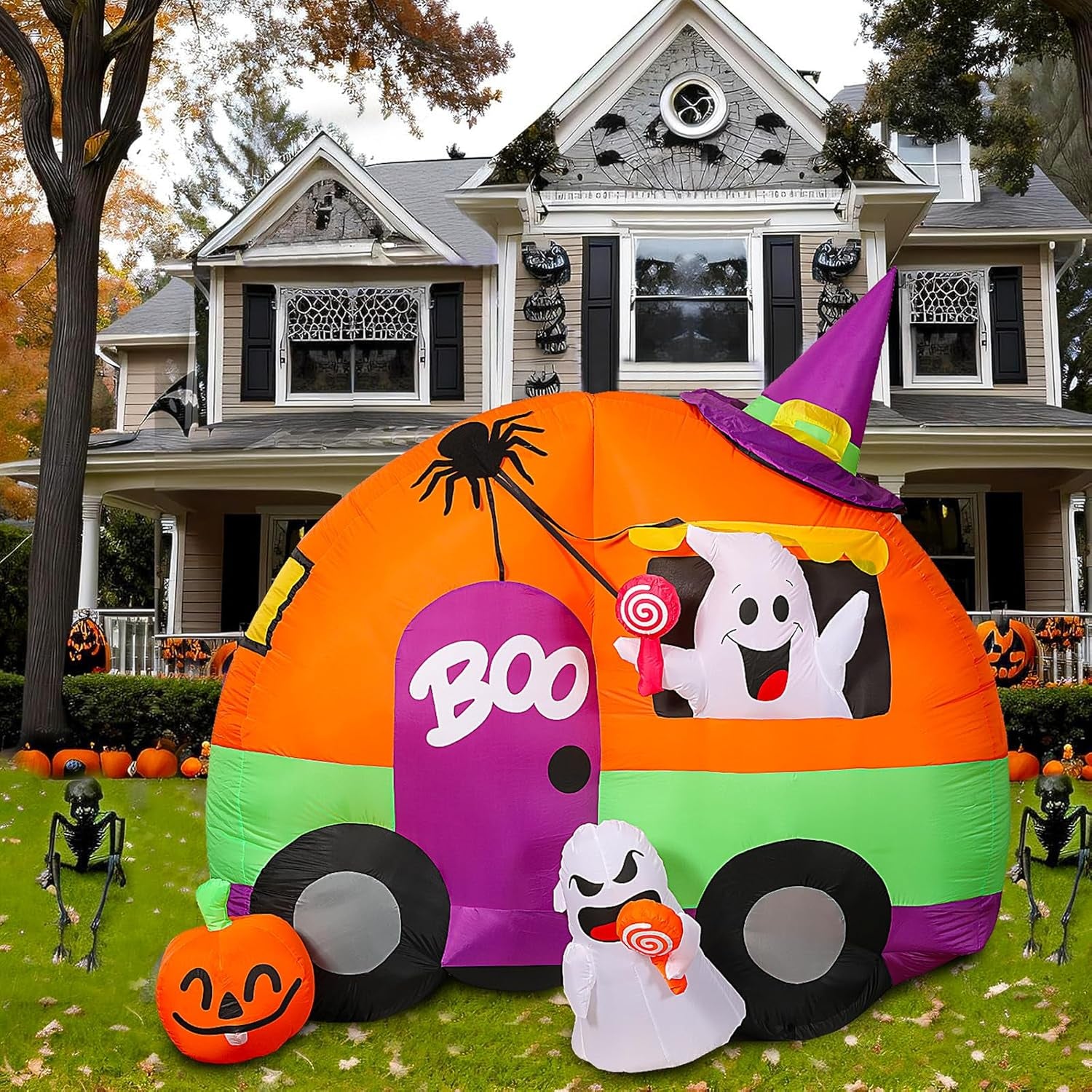 Halloween Inflatable Yard Decorations, 6Ft Tall Blow up Ghost Bus with Spider, Pumpkin, Witch Hat, Light up Holiday Inflatables Decorations for Indoor Outdoor, Party, Garden, Lawn (Ghost Bus)