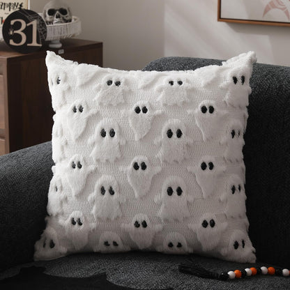 Halloween Pillow Covers 18X18 Inch Set of 2 White Ghost Throw Pillow Cases Soft Plush Faux Fur Wool Couch Cushion Case for Chair Sofa Bedroom Living Room Home Decor PTK03A18