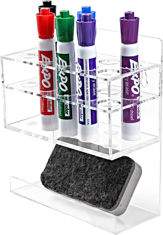 Wall Mounted Dry Erase Whiteboard Marker Holder Stand with 10 Marker Slots and Eraser Holder, Clear