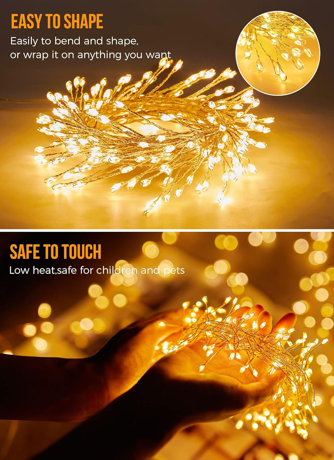 Firecracker Lights with Remote, 10 Feet 200LED Cluster String Fairy Lights Plug In, Waterproof Copper Wire Firefly Lights for Mantle Bedroom Window Weddings Christmas Tree Decoration, Warm White