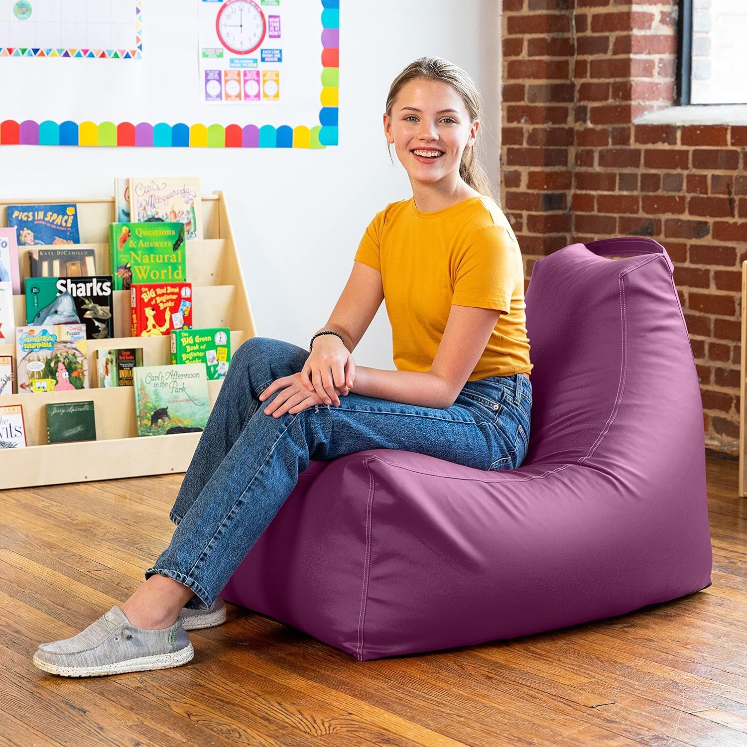 Juniper Jr Kids Classroom Bean Bag Chair, Premium Vinyl, Purple