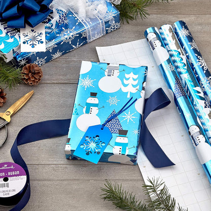 Blue Foil Christmas Wrapping Paper with Cut Lines on Reverse (3 Rolls: 60 Sq. Ft. Ttl) Snowmen, Snowflakes, Christmas Trees