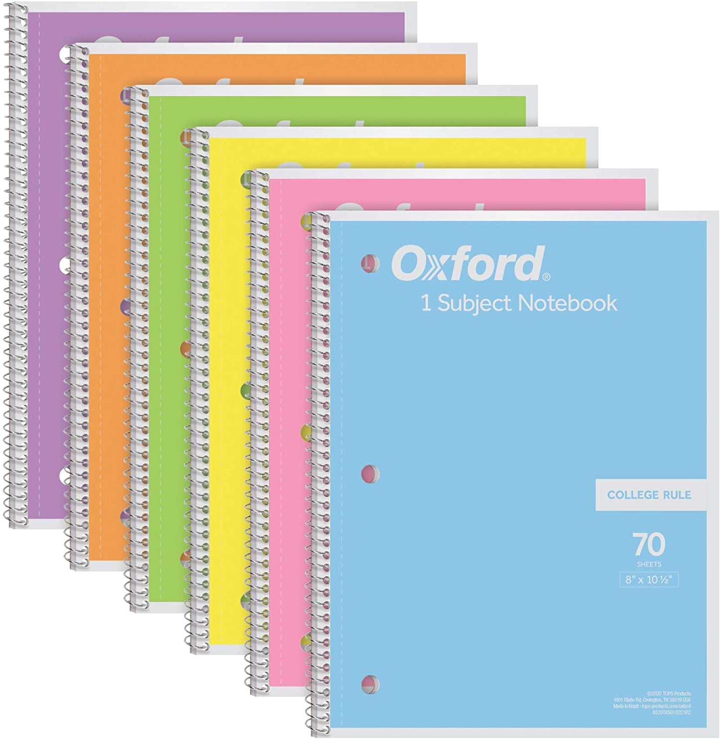 Spiral Notebook, 1 Subject, College Ruled Paper, 8 X 10-1/2 Inch, Pastel Pink, Orange, Yellow, Green, Blue and Purple, 70 Sheets (63756), Set of 6