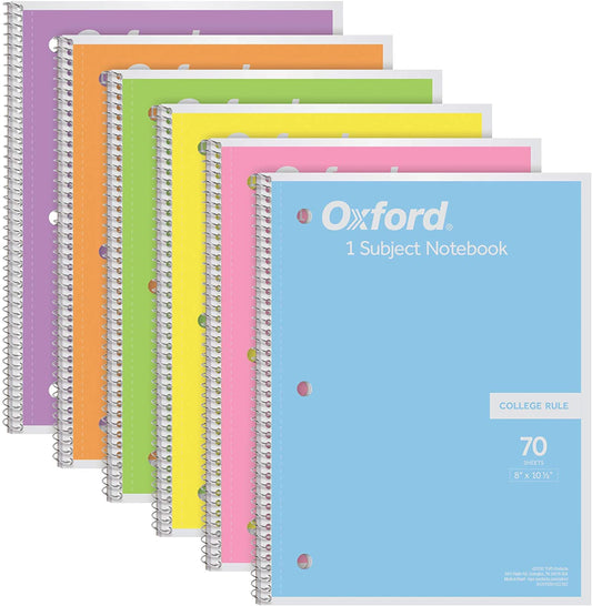 Spiral Notebook, 1 Subject, College Ruled Paper, 8 X 10-1/2 Inch, Pastel Pink, Orange, Yellow, Green, Blue and Purple, 70 Sheets (63756), Set of 6