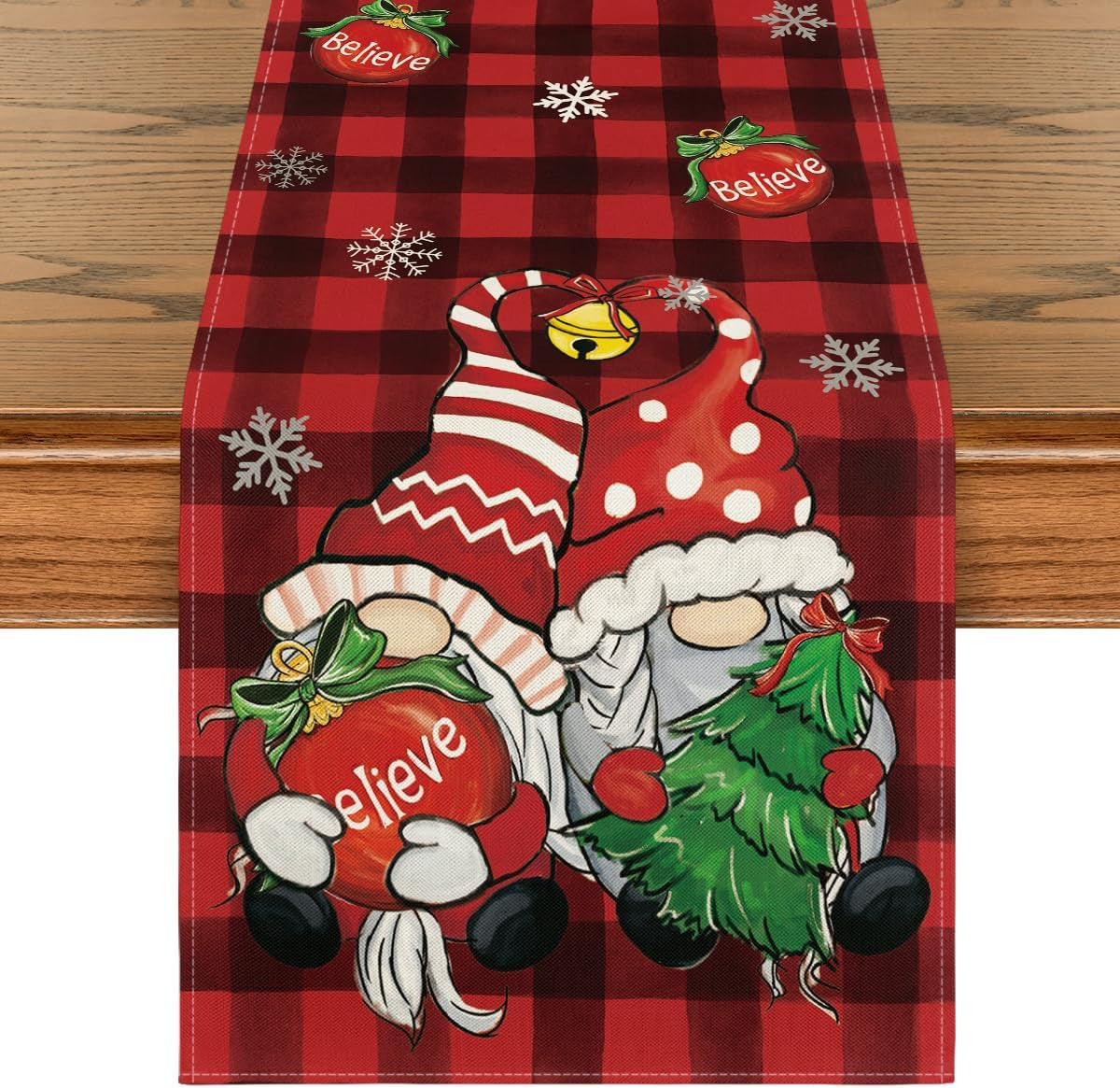 Red and Black Buffalo Plaid Gnome Believe Snowflakes Christmas Table Runner, Seasonal Winter Holiday Kitchen Dining Table Decoration for Home Party Decor 13X60 Inch